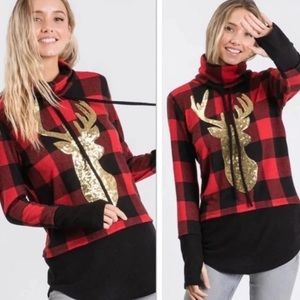 Buffalo plaid gold reindeer hoodie. Size small